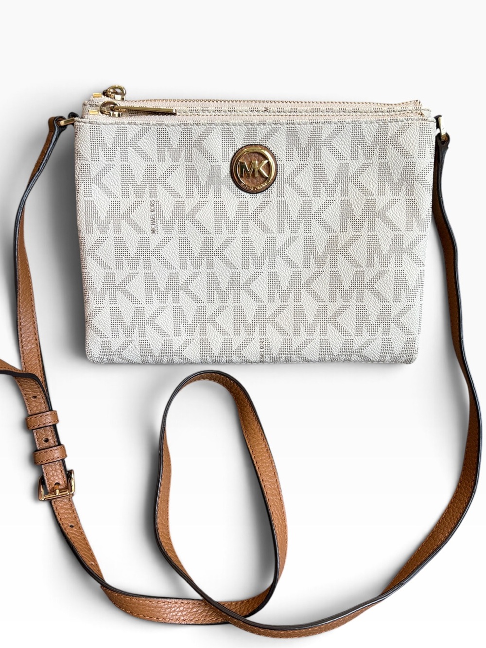 Michael Kors Cream Signature MK Crossbody with Tan Trim